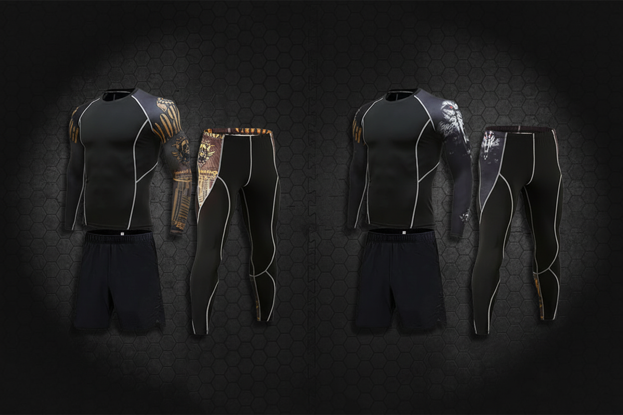 Both compression sets side by side on BJJ mat