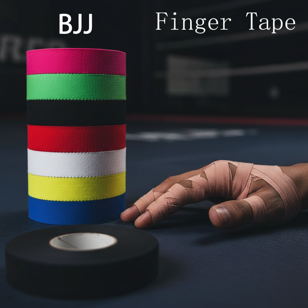 Finger tape stacked with taped hand on BJJ mat